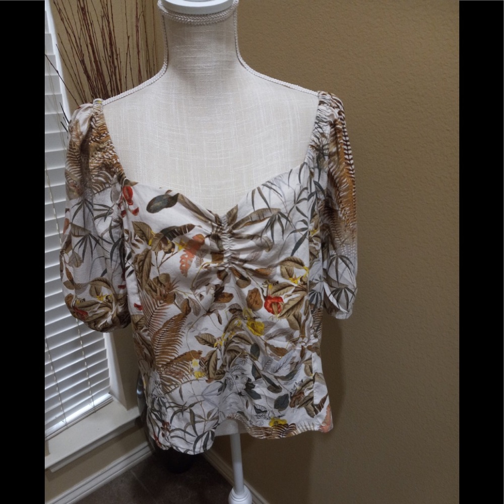 H&M Hawaiian Print Balloon Sleeves Linen Blend Pullover Top Size XL